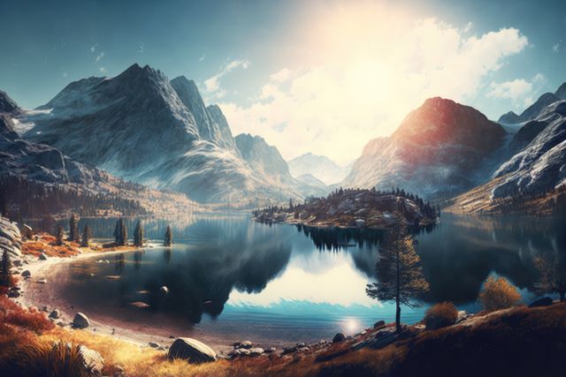 Scenic landscape with lake and mountains with sunshine, created using generative ai technology. Nature, scenery and beauty in nature concept digitally generated image.