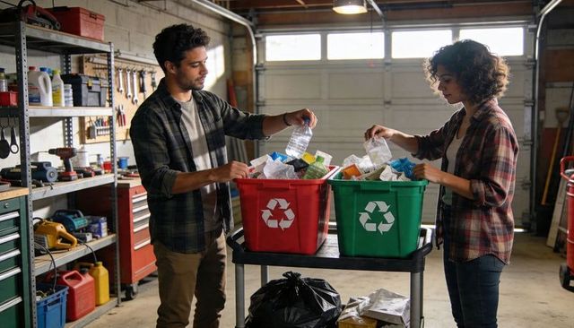 Couple sorting recycling in garage with red and green bins on rolling cart, flannel workshop