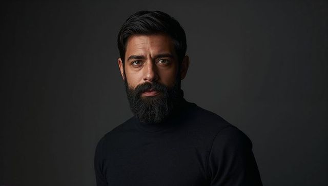 Bearded man wearing black turtleneck headshot with low-key lighting and direct gaze
