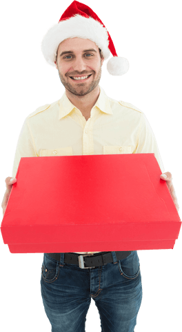 Smiling Man in Santa Hat Holding Transparent Red Gift Box - Download Free Stock Videos Pikwizard.com