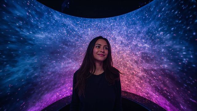 Woman soaking in curved nebula projection while smiling at immersive gallery experience