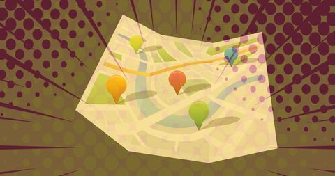 Colorful map with location pins on retro background