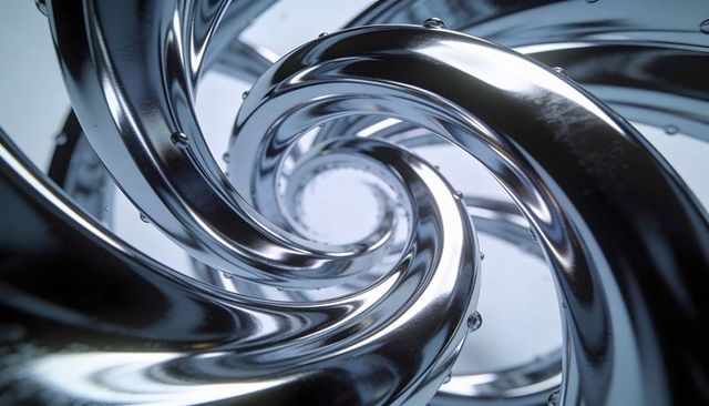Polished Chrome Spiral Vortex with Water Droplets Drawing Eye Toward Central Aperture