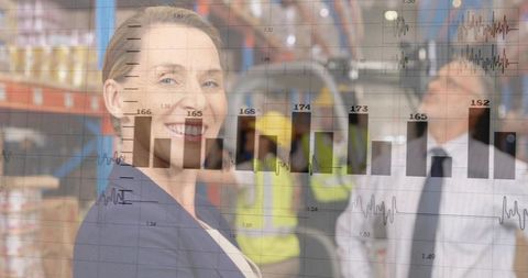 Smiling woman manager leading logistics in warehouse with analytics overlay and forklift