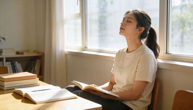 Sunlit calm: asian woman resting with open book by home study window, serene reading break