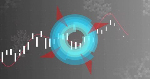 Radial analytics dashboard with cyan concentric rings, red pointers and candlesticks