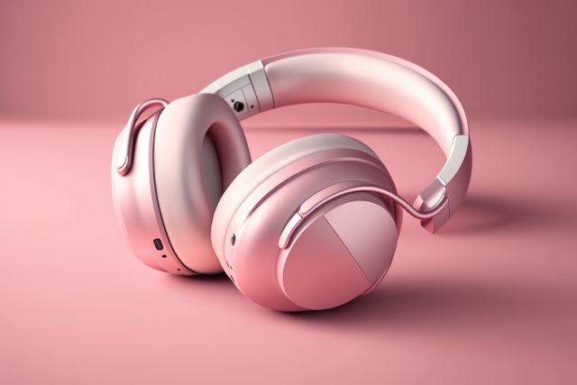 Close up of pink headphones on pink background created using generative ai technology. Technology and music concept digitally generated image.