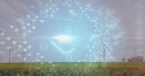 Smart Agriculture Landscape with Digital Circuit and Wind Turbines