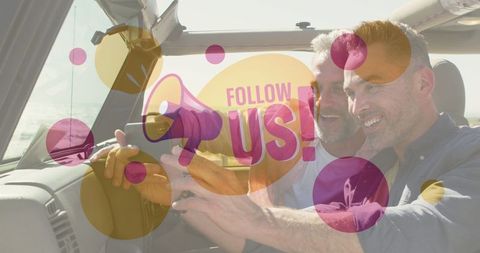 Follow us text over happy couple driving convertible