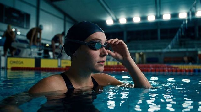 Competitive swimmer adjusting goggles at indoor pool pre-race, focused athlete preparing