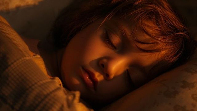 Sleeping child wearing checkered pajamas resting on pillow under warm lamp light closeup