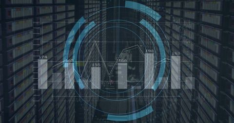 Digital security interface stacking bar graph over server room