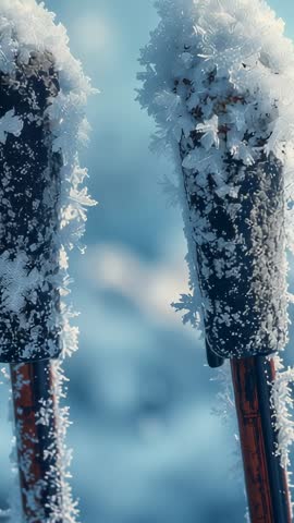 Vertical macro video showing frost crystal lace forming on two metal rods in blue winter air