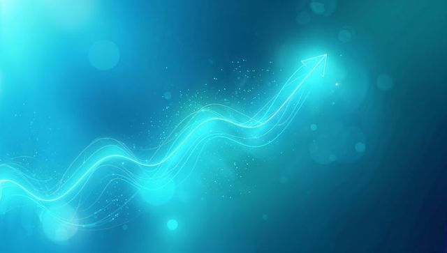 Neon wave arrow rising toward growth futuristic tech background with glowing ribbons