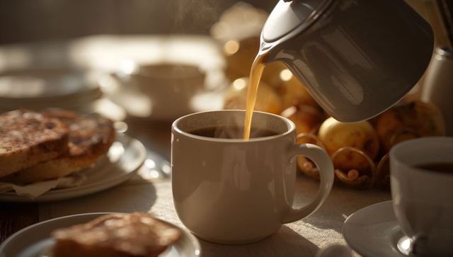 Morning coffee pouring into white mug with toast and fruit on cozy breakfast table