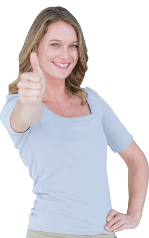 Confident woman giving thumbs up with smile on transparent background