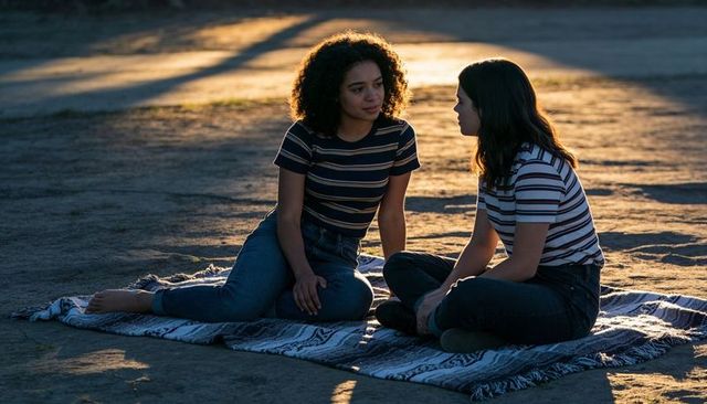 Golden-hour conversation between two teens on woven blanket wearing striped shirts, jeans
