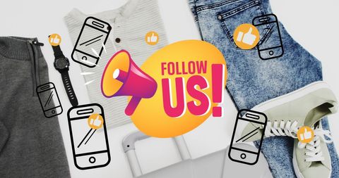 Follow us social media icons on lifestyle travel essentials flat lay