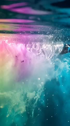 Vertical video of colorful fluids swirling with nucleating bubbles and microbubble particles