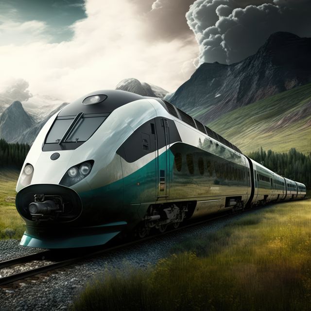 High-speed train moving through picturesque mountainous landscape with dramatic skies above. Ideal for illustrating modern transportation, travel, and technology in a nature setting. Suitable for use in travel advertisements, transportation articles, and promotion of eco-friendly travel alternatives.