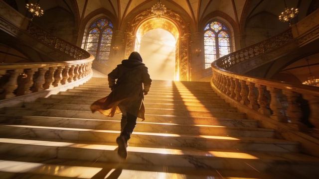 Hooded traveler ascending grand staircase toward glowing golden arch with sunlit stained glass