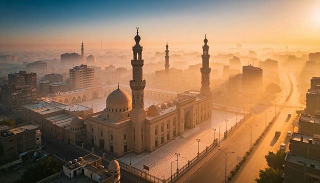 Golden sunrise bathing majestic mosque and urban skyline with domes and minarets