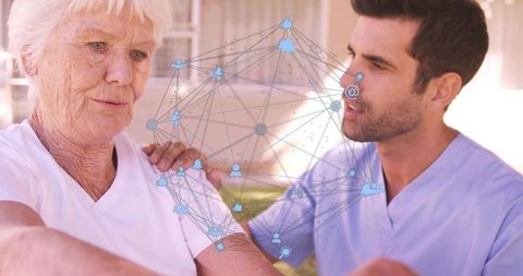 Senior woman receiving support from male caregiver on sunny patio with network overlay