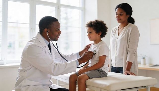 Pediatrician listening to young boy with stethoscope while mother watches during wellness exam