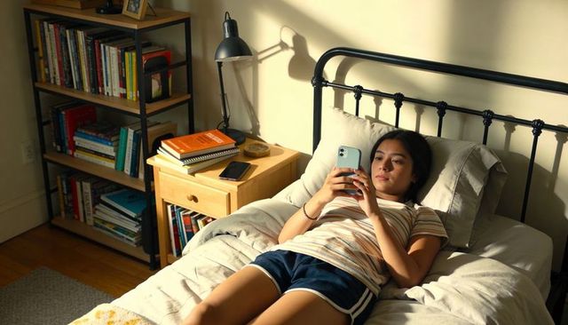 Young woman lying on bed scrolling smartphone in sunlit cozy bedroom with bookshelf and lamp