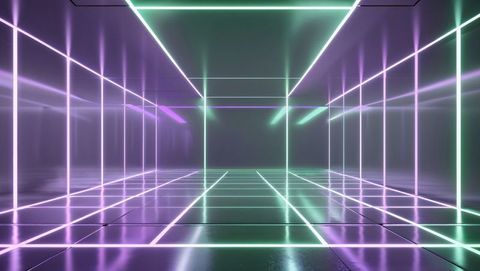 Futuristic Neon Grid Room with Reflective Surfaces