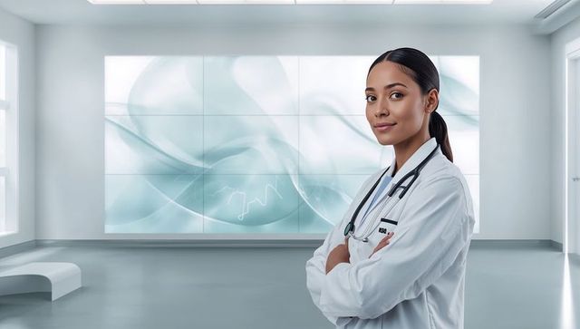 Confident female doctor standing in modern clinic with led wall and stethoscope