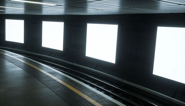 Empty Curved Metro Platform with Illuminated Advertising Panels and Tactile Strip
