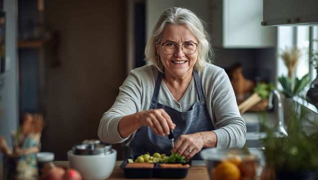Smiling Senior Woman Preparing a Healthy Meal in Cozy Kitchen