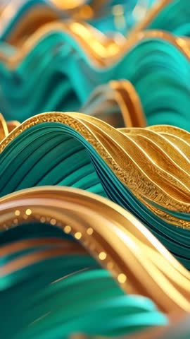 Rippling CG Ribbons Over Teal Waves with Gold Ridges, Abstract Vertical Motion Loop
