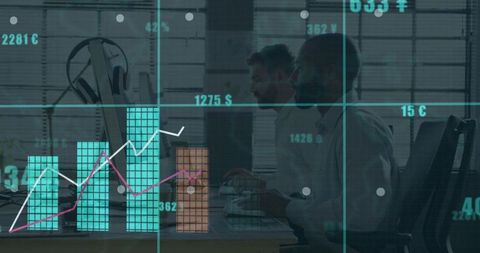 Business colleagues analyzing market data with financial charts overlaying office monitors