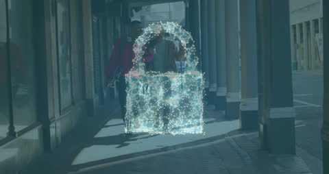 Digital Security Overlay on Friends Walking in Urban Setting