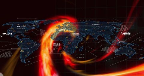 Global data flow holographic map visualizing neon swirls, cyber nodes, geospatial analytics