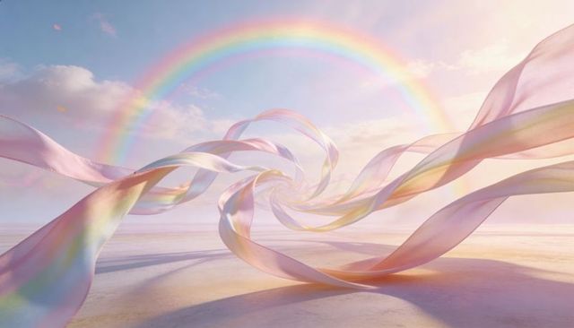 Iridescent ribbons twisting into pastel vortex with rainbow over salt flat