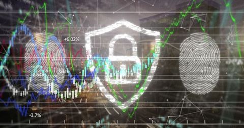 security shield with stock market graphic overlay and fingerprints - Download Free Stock Images Pikwizard.com