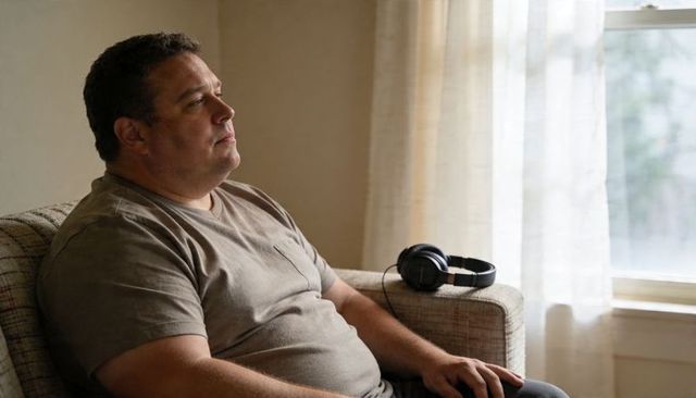 Middle-aged man sitting on sofa by window with headphones on armrest, contemplative mood