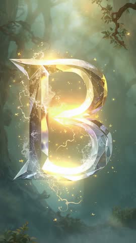 Crystal Letter B Materializing in Enchanted Forest, Golden Arcs Glowing and Light Shining