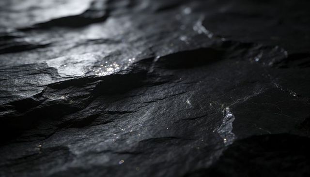 Dark slate bedrock with stratified layers and sparkling mica flecks, dramatic texture