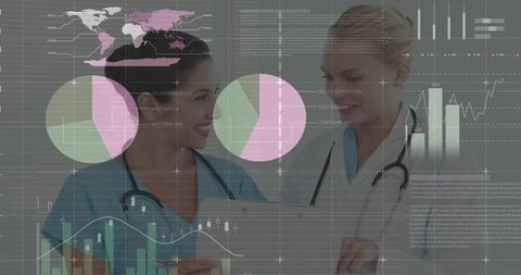 Healthcare team reviewing clinical data with digital charts and graphs