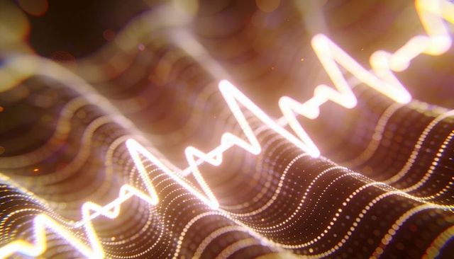 Pulsing jagged neon pulse line traversing glowing dotted wave grid with bokeh light