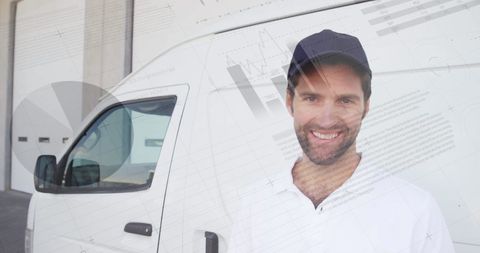 Confident deliveryman with overlay of graphs and statistics