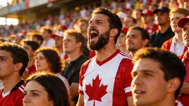 Shouting canadian soccer fan wearing maple leaf jersey cheering in sunlit stadium stands