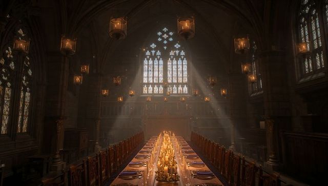 Majestic medieval banquet hall with stained glass illumination
