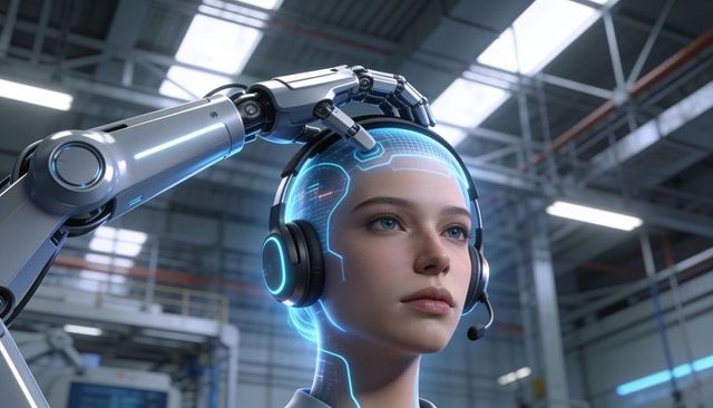 Female android receiving robotic arm calibration in futuristic industrial ai lab