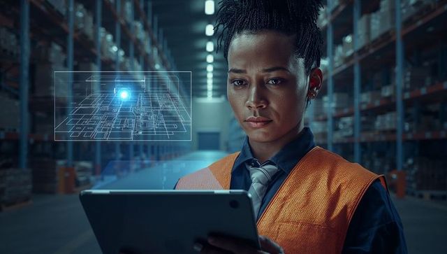 Warehouse Supervisor Analyzing Digital Blueprint on Tablet in Industrial Setting