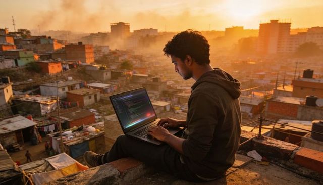 Rooftop coder at sunset over urban skyline with laptop showing code highlighting bugs